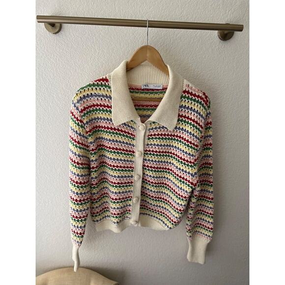 ZARA Chunky Knit Multicolor Rainbow Stripe Knit Cardigan Sweater Size L - Picture 5 of 10